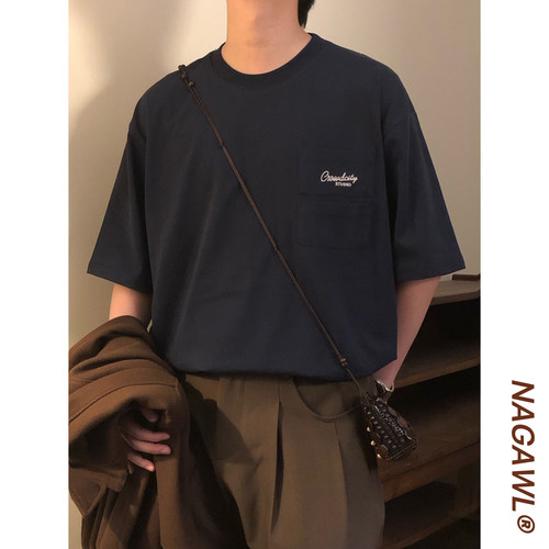 NAGAWL夏季美式复古街休闲宽松头设计感口袋圆领短袖T恤上衣男潮