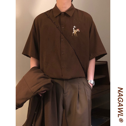 NAGAWL2026夏季美式复古学院风短袖衬衫男女宽松百搭休闲潮牌上衣