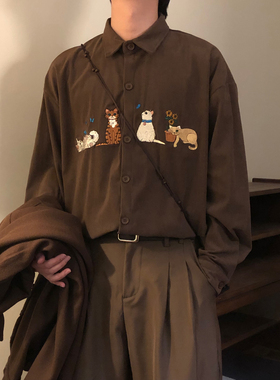 NAGAWL2025春美式复古慵懒风百搭小猫刺绣灯芯绒长袖衬衫上衣男女