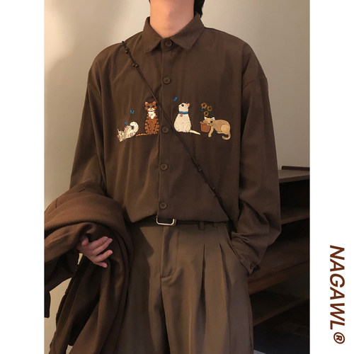 NAGAWL2025春美式复古慵懒风百搭小猫刺绣灯芯绒长袖衬衫上衣男女
