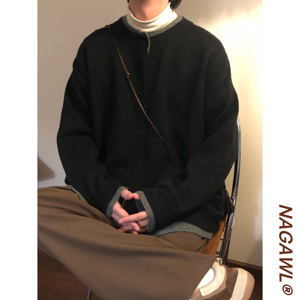 NAGAWL冬季美式复古宽松纯色简约慵懒风圆领针织开衫毛衣外套男潮