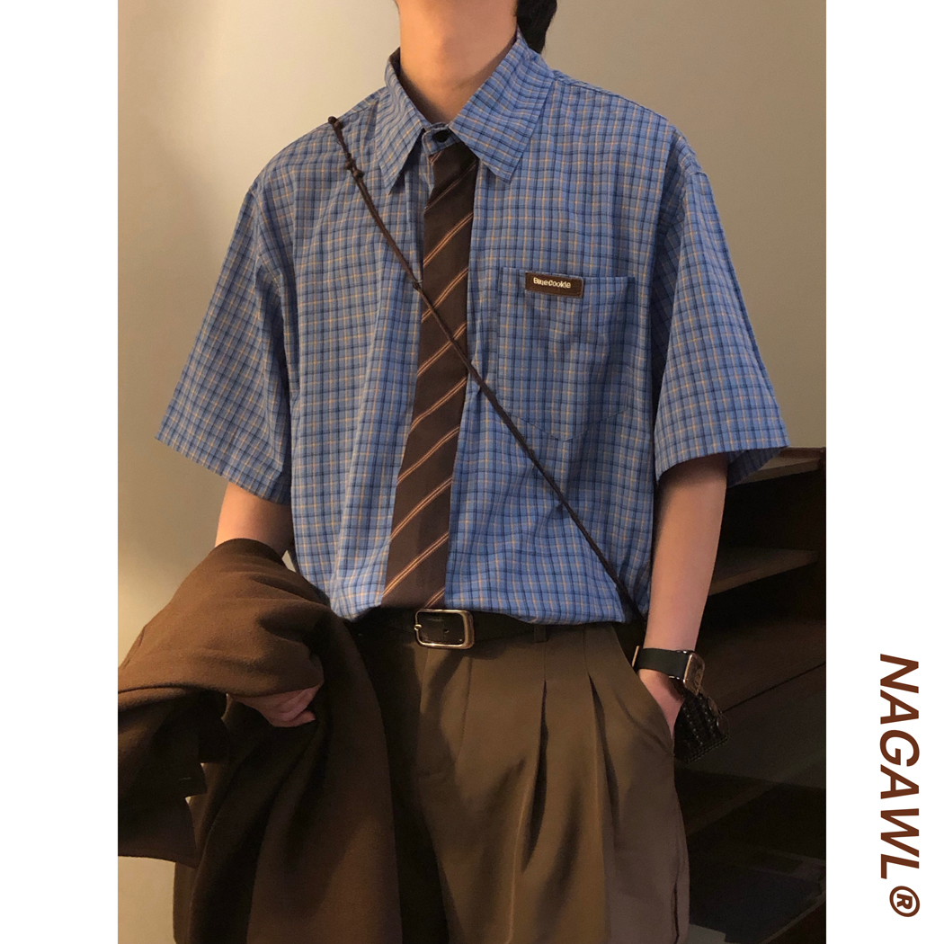 NAGAWL夏季日系复古百搭学院风蓝色格子休闲宽松短袖衬衫上衣男女
