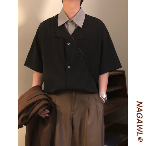 NAGAWL2026夏季日系复古学院风假两件领短袖衬衫男女百搭潮牌上衣