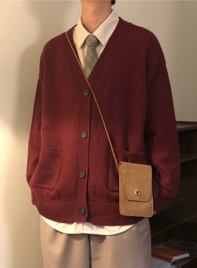 NAGAWL秋冬宽松美式复古酒红色毛衣外套男针织衫开衫慵懒风高级感