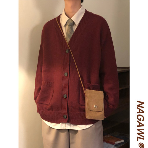 NAGAWL秋冬宽松美式复古酒红色毛衣外套男针织衫开衫慵懒风高级感