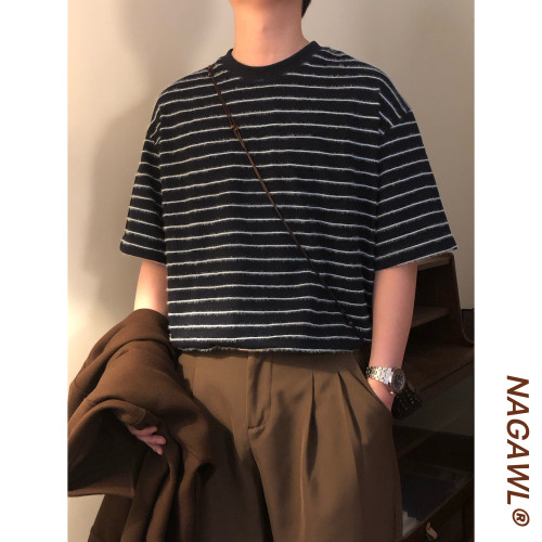 NAGAWL2026夏季日系cityboy毛绒条纹T恤男垂感宽松款休闲短袖上衣