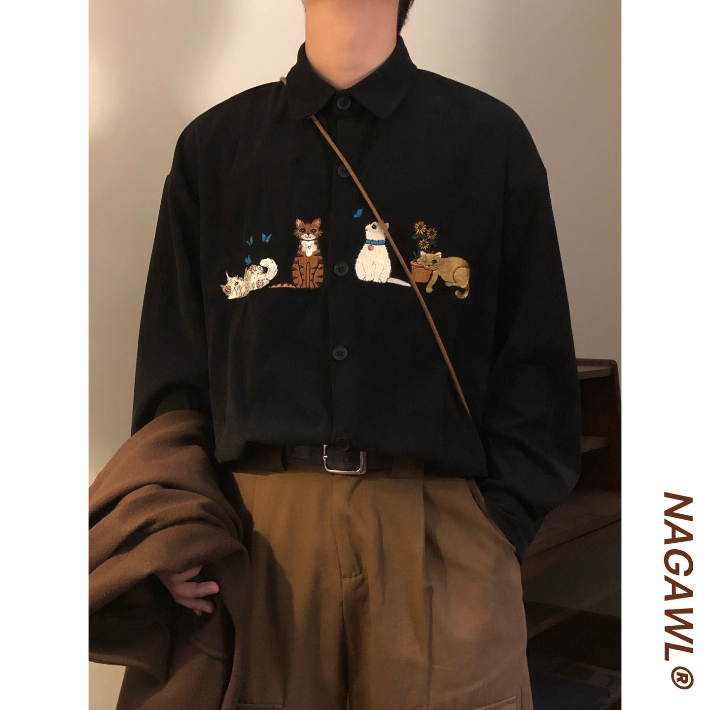 NAGAWL秋冬美式复古宽松潮牌文艺小猫刺绣灯芯绒长袖衬衫上衣男女