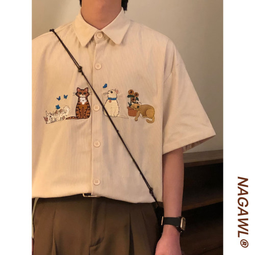 NAGAWL夏季美式复古潮牌学院风猫咪刺绣百搭休闲短袖衬衫上衣男女