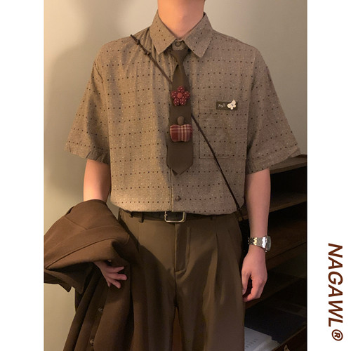 NAGAWL2026夏季美式复古波点格纹衬衫男宽松百搭休闲潮牌短袖上衣