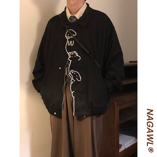 NAGAWL春秋新款宽松休闲百搭上衣原创趣味小狗刺绣学院风夹克外套