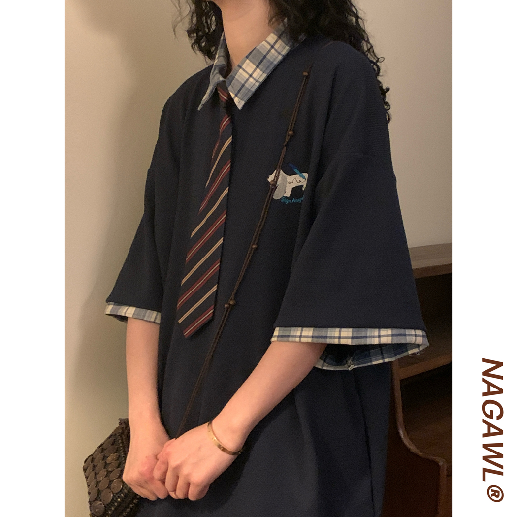 NAGAWL夏季美式复古学院风拼接格子小狗刺绣polo衫短袖T恤上衣男