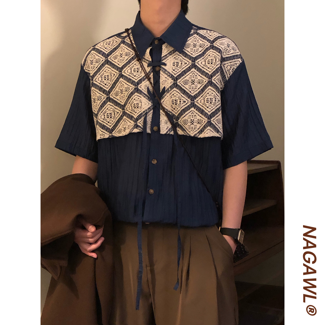 NAGAWL夏季日系复古潮牌小众蕾丝拼接假两件休闲短袖衬衫上衣男女