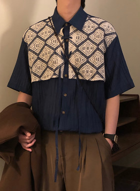 NAGAWL夏季日系复古潮牌小众蕾丝拼接假两件休闲短袖衬衫上衣男女