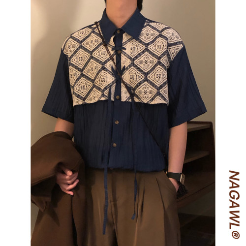 NAGAWL夏季日系复古潮牌小众蕾丝拼接假两件休闲短袖衬衫上衣男女
