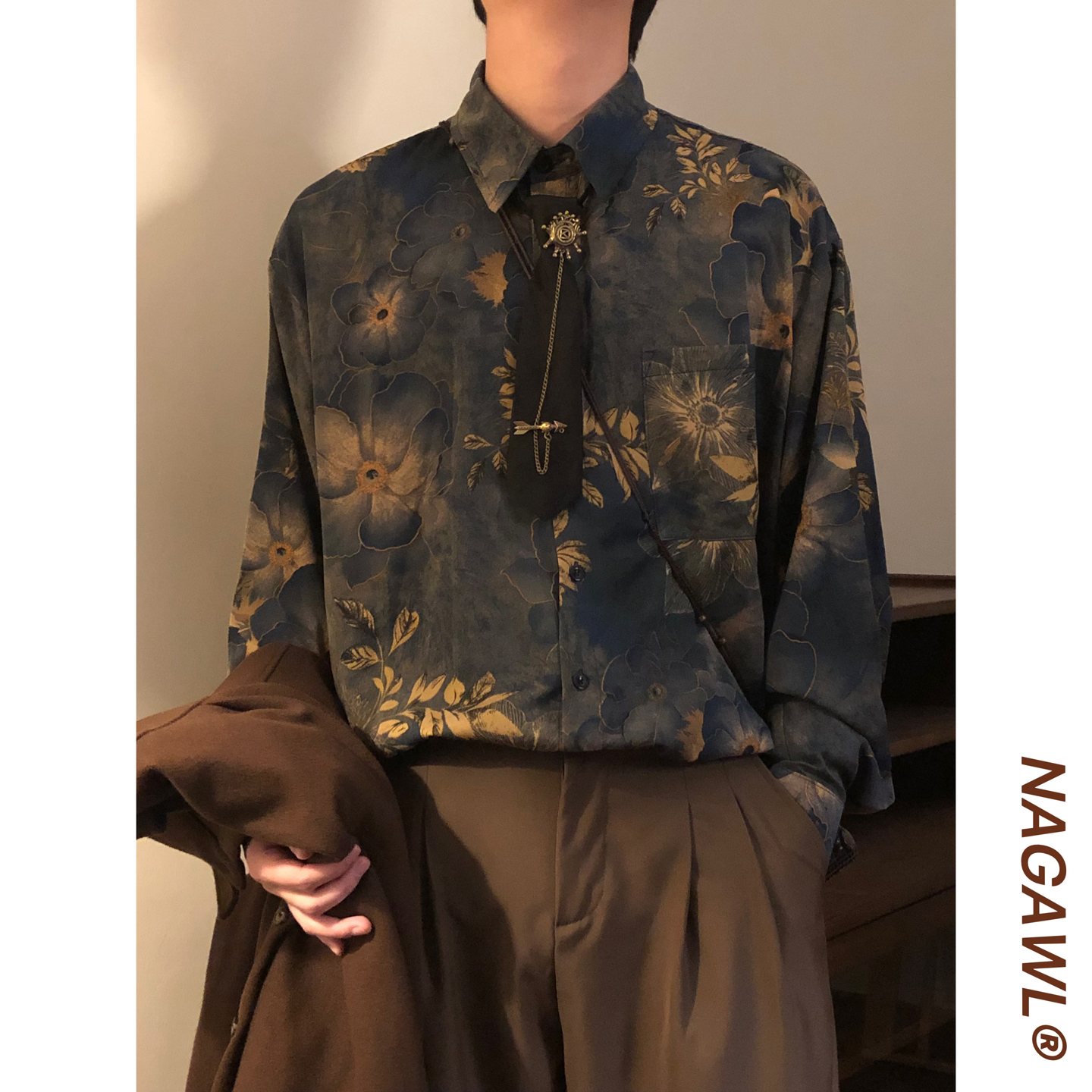 NAGAWL秋季美式潮牌休闲新中式古着感港风印花宽松长袖衬衫上衣男
