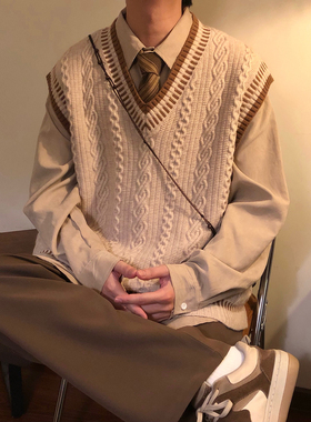 NAGAWL秋冬复古宽松日系学院风麻花条纹毛衣针织衫马甲背心男女潮