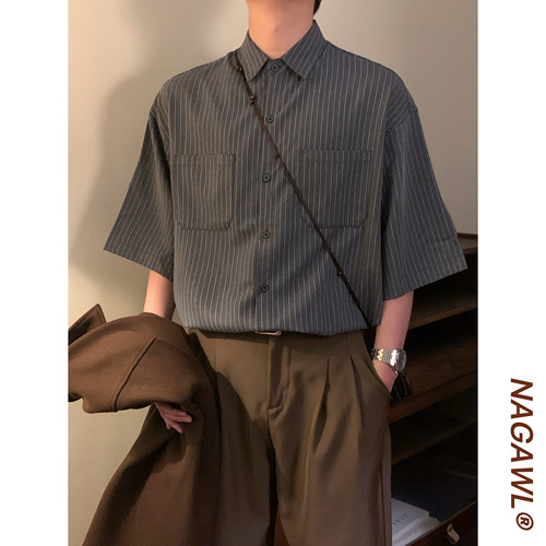 NAGAWL2026夏季美式复古学院风条纹衬衫男宽松百搭款潮牌短袖上衣