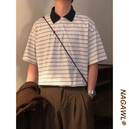 NAGAWL2026夏季美式复古撞色领条纹POLO衫男宽松百搭潮牌短袖上衣