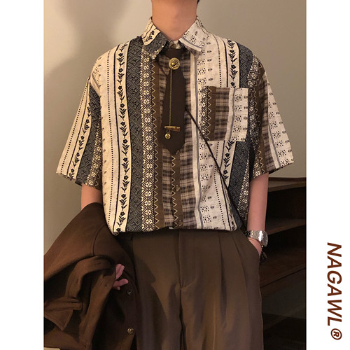 NAGAWL2026夏季美式复古民族风几何印花衬衫男女宽松百搭潮牌上衣