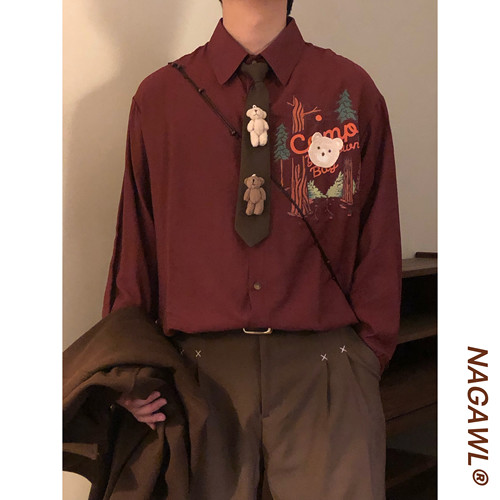NAGAWL2026秋季美式复古森林小熊印花衬衫男宽松百搭潮牌长袖衬衣
