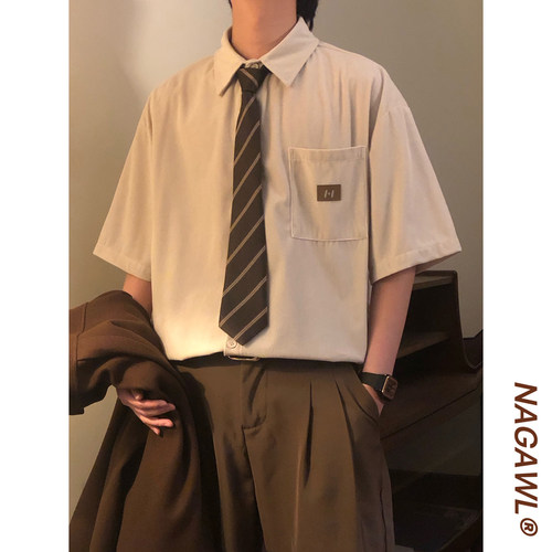 NAGAWL夏季美式复古潮牌学院风简约休闲宽松百搭短袖衬衫上衣男女