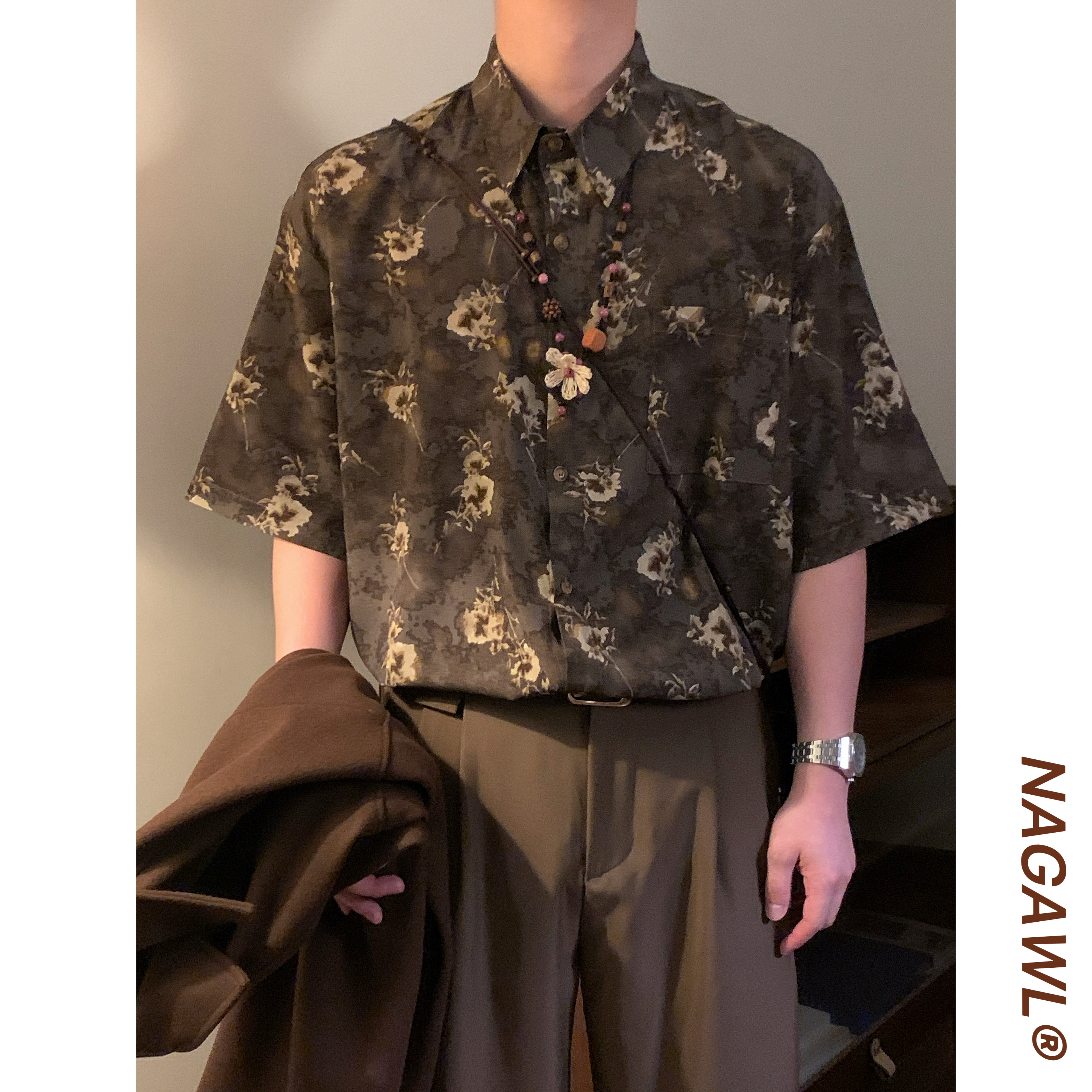 NAGAWL2026夏季美式复古做旧花卉衬衫男女款宽松百搭潮牌短袖上衣图片