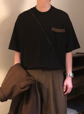 NAGAWL2026夏季美式复古风撞色口袋短袖T恤男女宽松百搭潮牌上衣