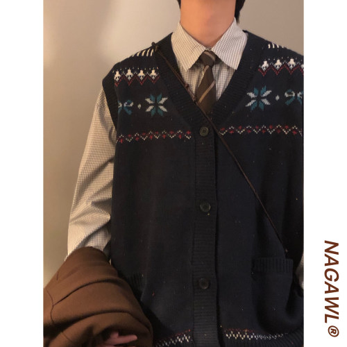 NAGAWL秋冬美式费尔岛提花V领无袖针织开衫马甲叠穿背心毛衣男女