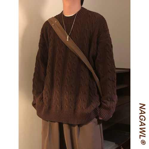 NAGAWL美式复古绞花设计圆领毛衣秋冬新款纯色宽松休闲针织衫男女