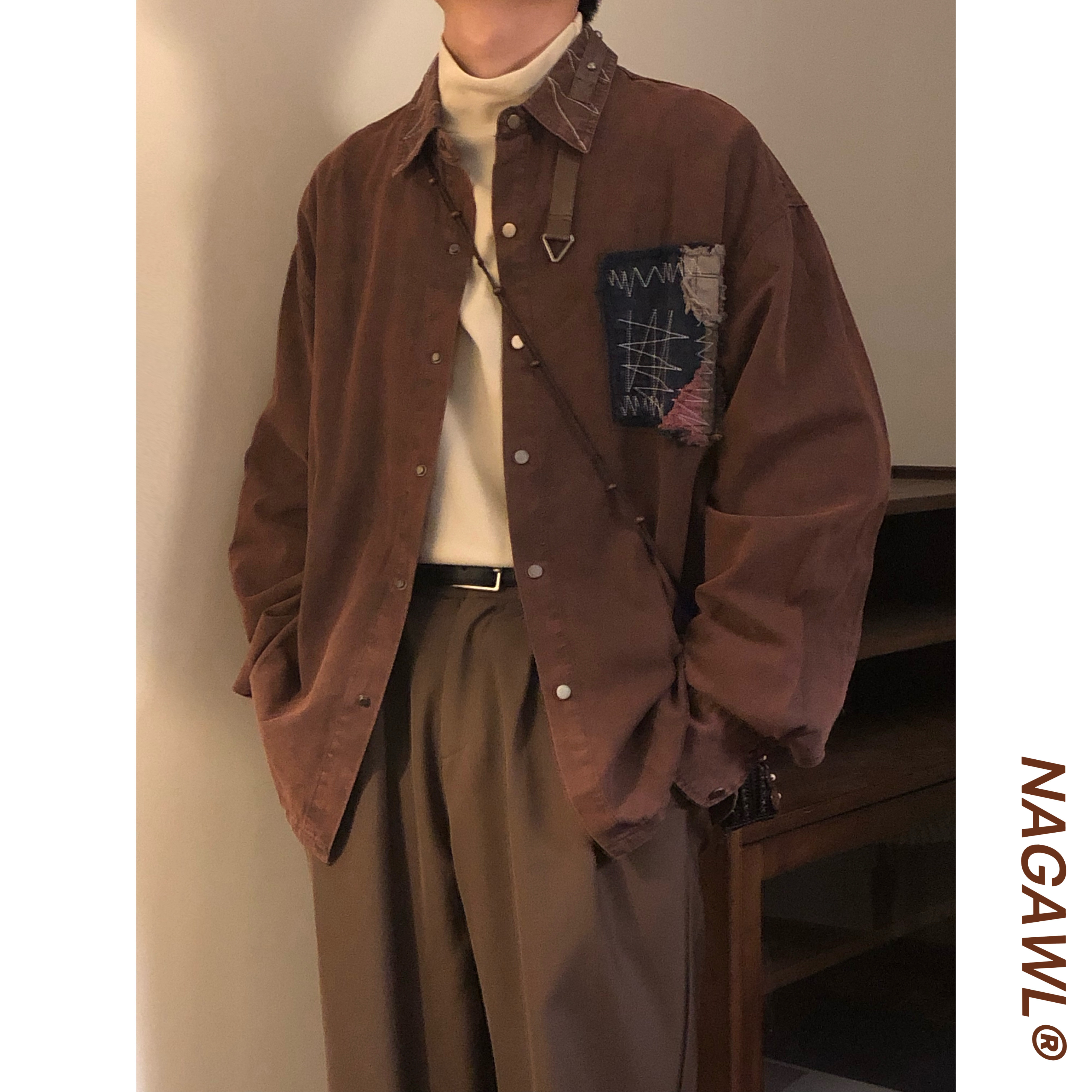 NAGAWL2026复古做旧牛仔夹克秋季宽松长袖补丁刺绣设计感外套上衣图片