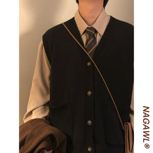 NAGAWL秋冬美式复古学院风V领叠穿马甲针织背心开衫无袖毛衣男女