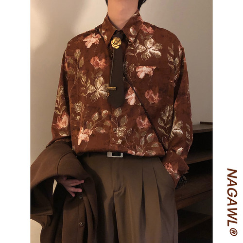 NAGAWL2026春季日系复古花卉印花衬衫男女宽松POLO领长袖百搭上衣