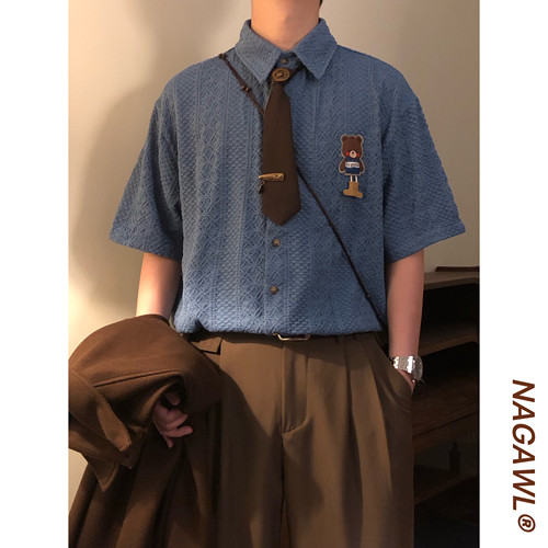 NAGAWL2026夏季美式复古小熊刺绣镂空衬衫男女宽松休闲情侣款上衣