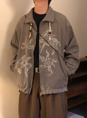 NAGAWL2026春季美式复古印花翻领夹克男女款宽松街头风设计感外套