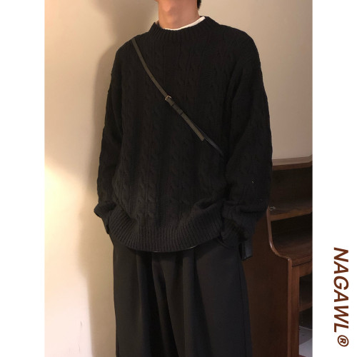 NAGAWL秋冬新款纯色宽松休闲针织衫美式复古绞花设计圆领毛衣男女