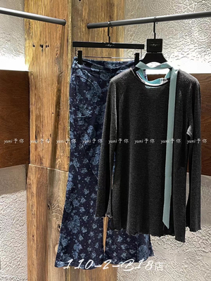 设计师纯欲小众休闲拼色飘带丝巾系带中长款打底长袖T恤上衣