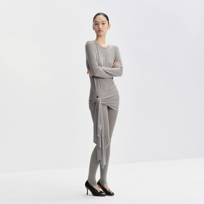 RA everyday 修身斜裁堆褶系带长袖T恤 白色/花灰