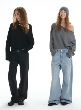 RA everyday 轻松斜肩纯羊毛针织衫 黑色/灰色