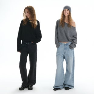 RA everyday 轻松斜肩纯羊毛针织衫 黑色/灰色