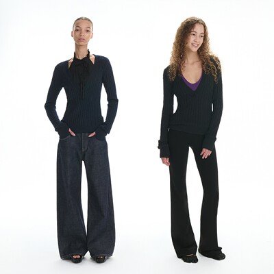 RA everyday V领修身麻花针织衫 黑色/藏蓝