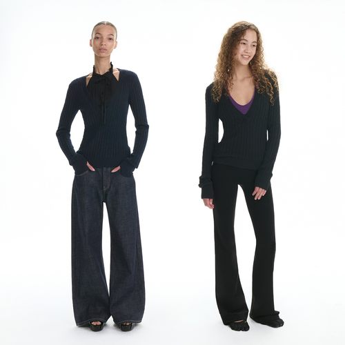 RA everyday V领修身麻花针织衫 黑色/藏蓝