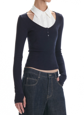 RA everyday 亨利领U形沙漏长袖T恤 黑色/藏蓝/安可拉红