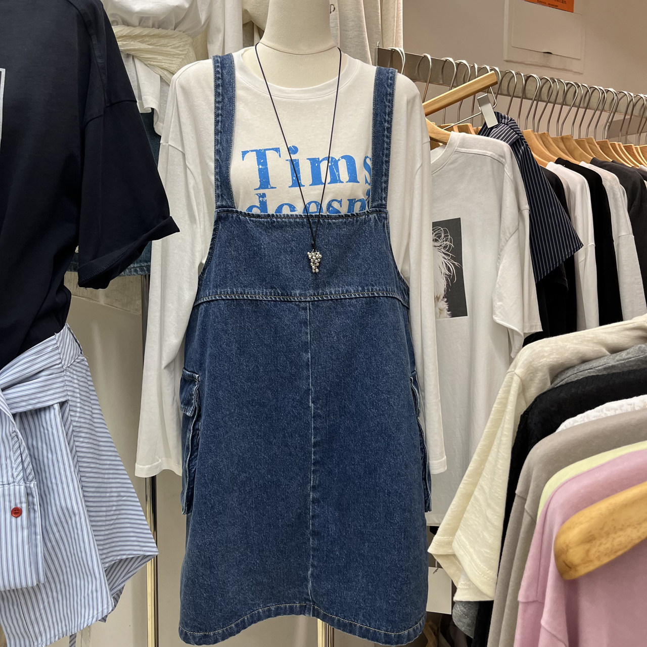一字领吊带工装牛仔连衣裙背带裙