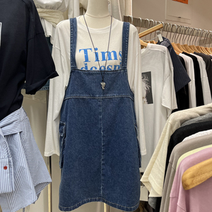 一字领吊带工装牛仔连衣裙背带裙