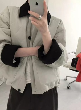 FROMSEVEN 翻领袖口挽边拼色格子薄夹棉外套棉服