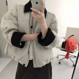 FROMSEVEN 口挽边拼色格子薄夹棉外套棉服 翻领袖