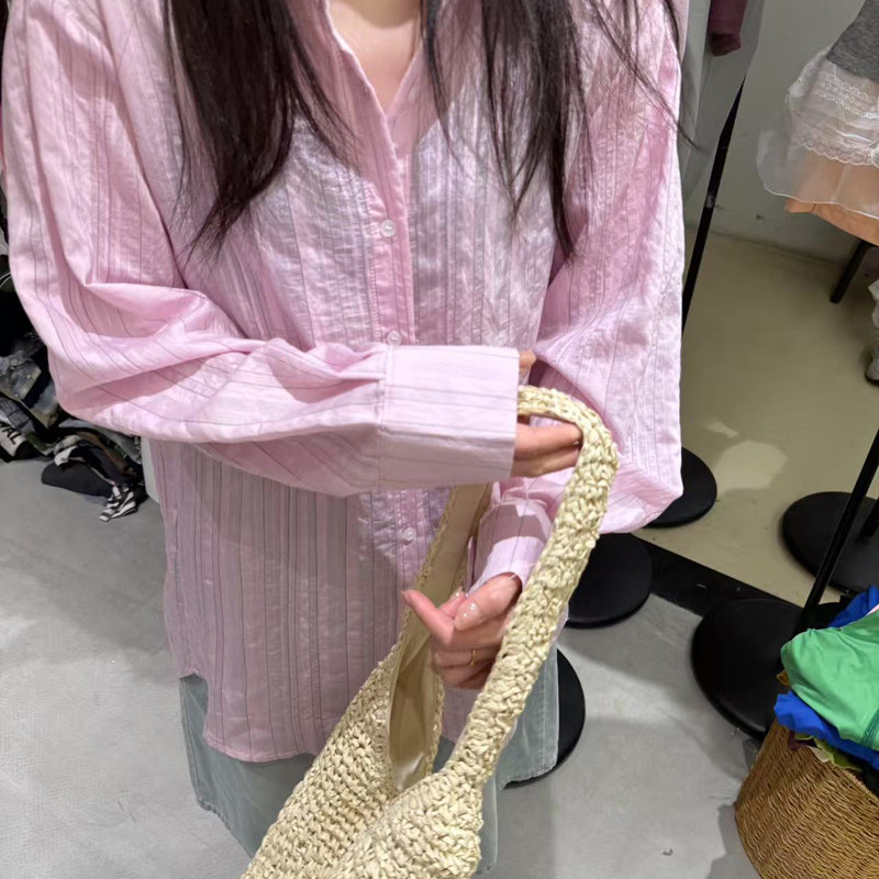 竖条纹单排扣宽松薄款长袖衬衫