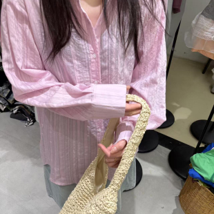 DUODUO 翻领竖条纹单排扣宽松薄款长袖衬衫防晒衣6067
