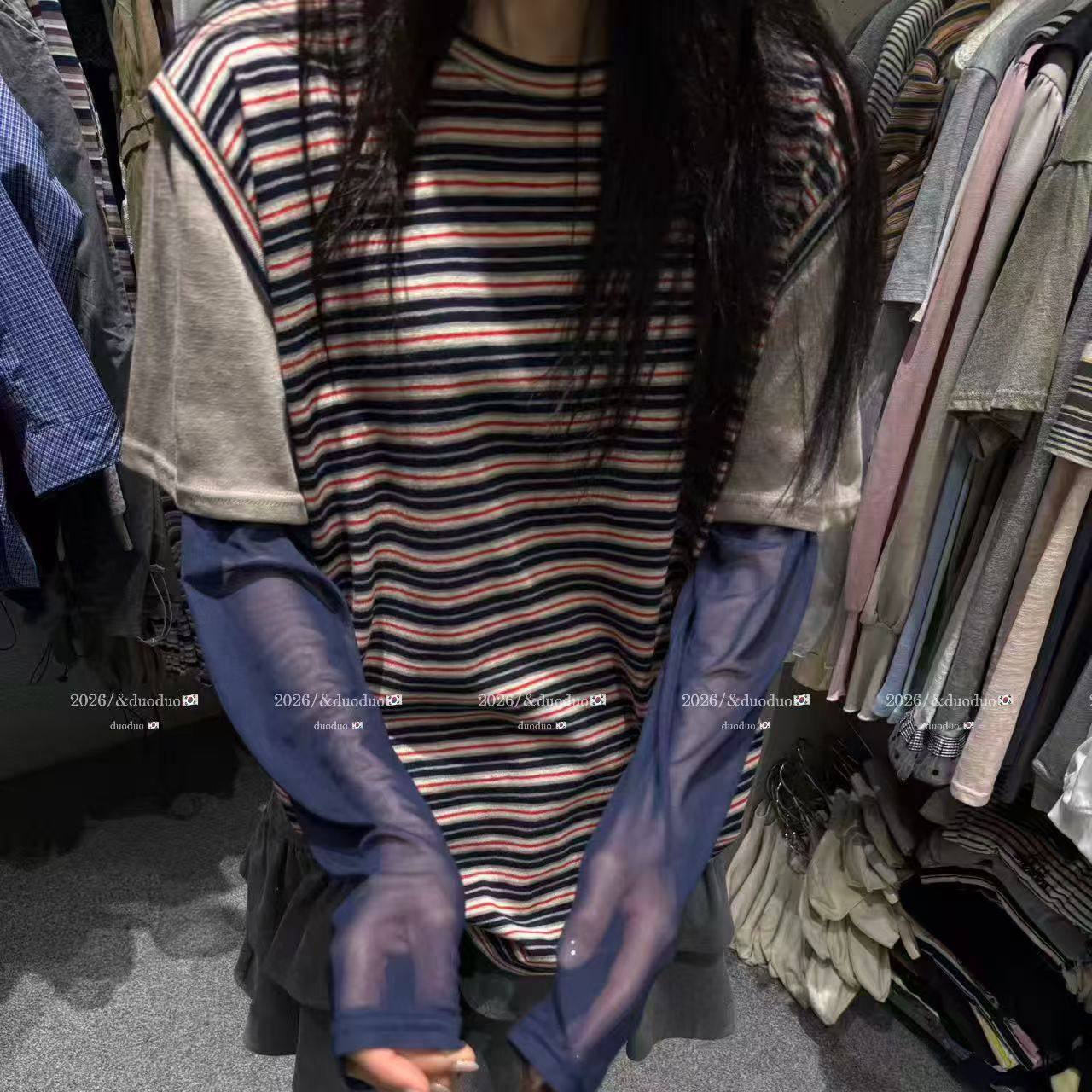 DUODUO 圆领条纹拼色拼接袖假两件宽松长袖T恤百搭上衣390