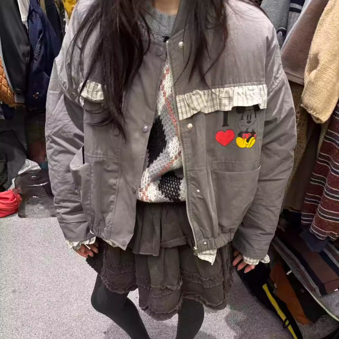 DUODUO圆领卡通图案拼接格子棉衣